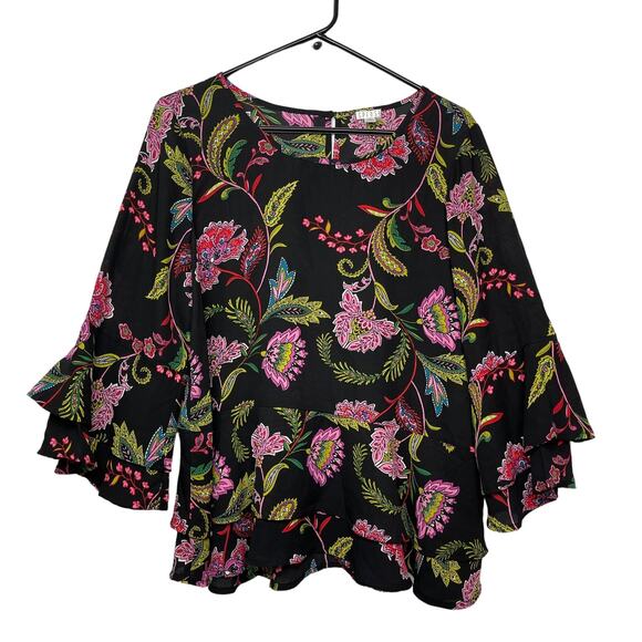 Spence top shirt blouse women's large pink green floral flowers on black flowey - Picture 1 of 16